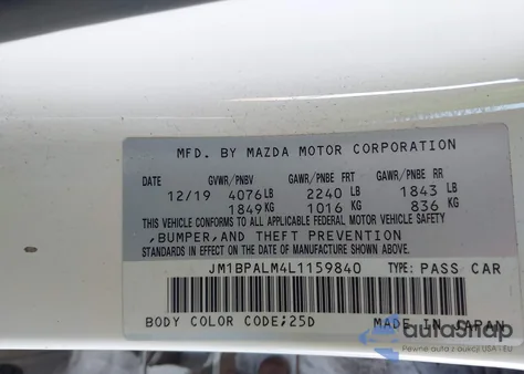 2020 Mazda Mazda3 z USA, uszkodzony, nr VIN JM1BPALM4L1159840